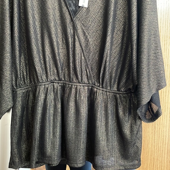 Aqua Curve 1X black gold dress blouse V neck elastic under bust flowy bottom NWT - Picture 3 of 14